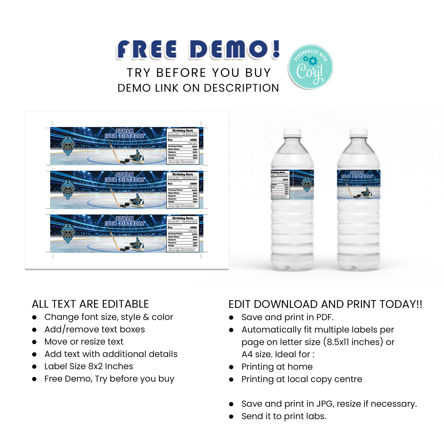 Water Bottle Label for a Refreshing Touch to Your Hockey Themed Party