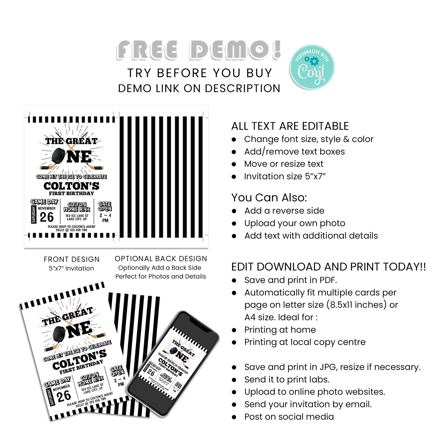 Personalized Hockey 1st Birthday Card Invitations - Invite Your Guests in Style