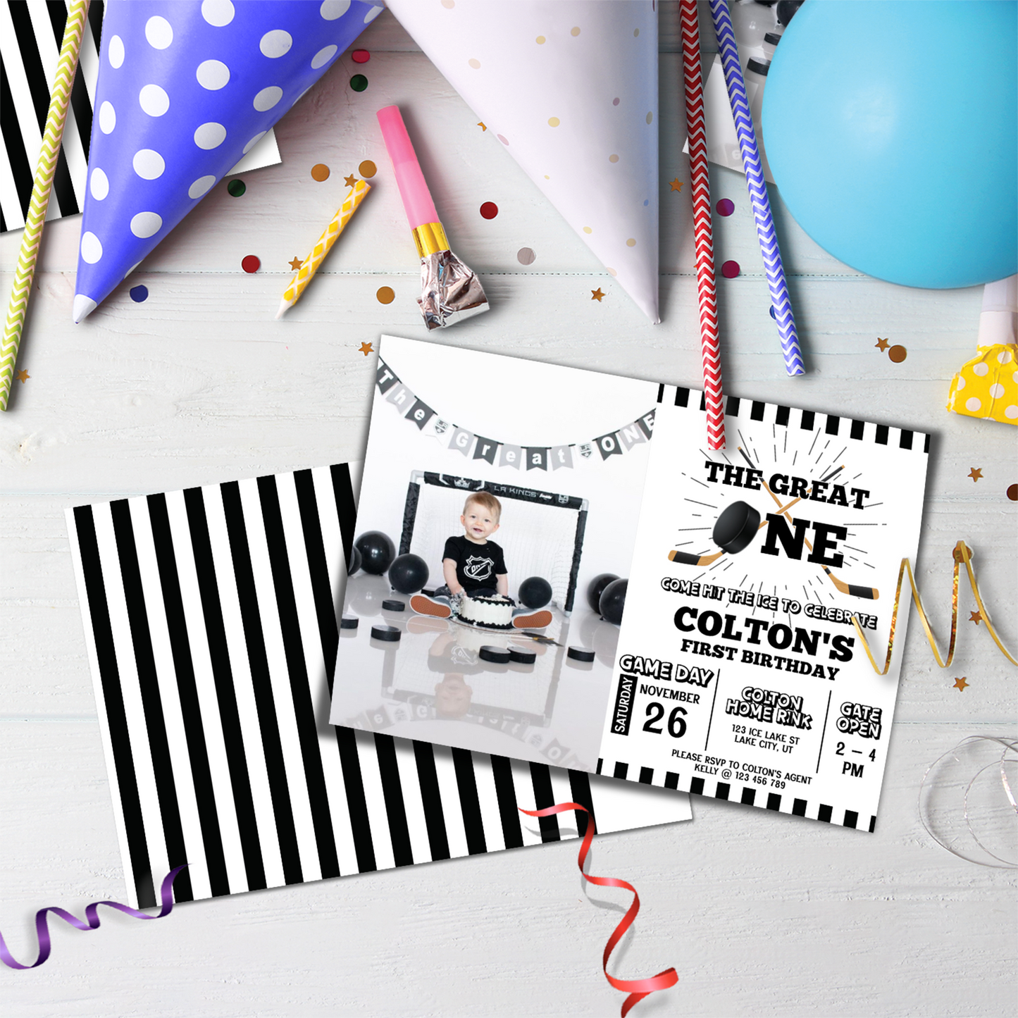 Personalized Hockey 1st Birthday Photo Card Invitations for a memorable invite