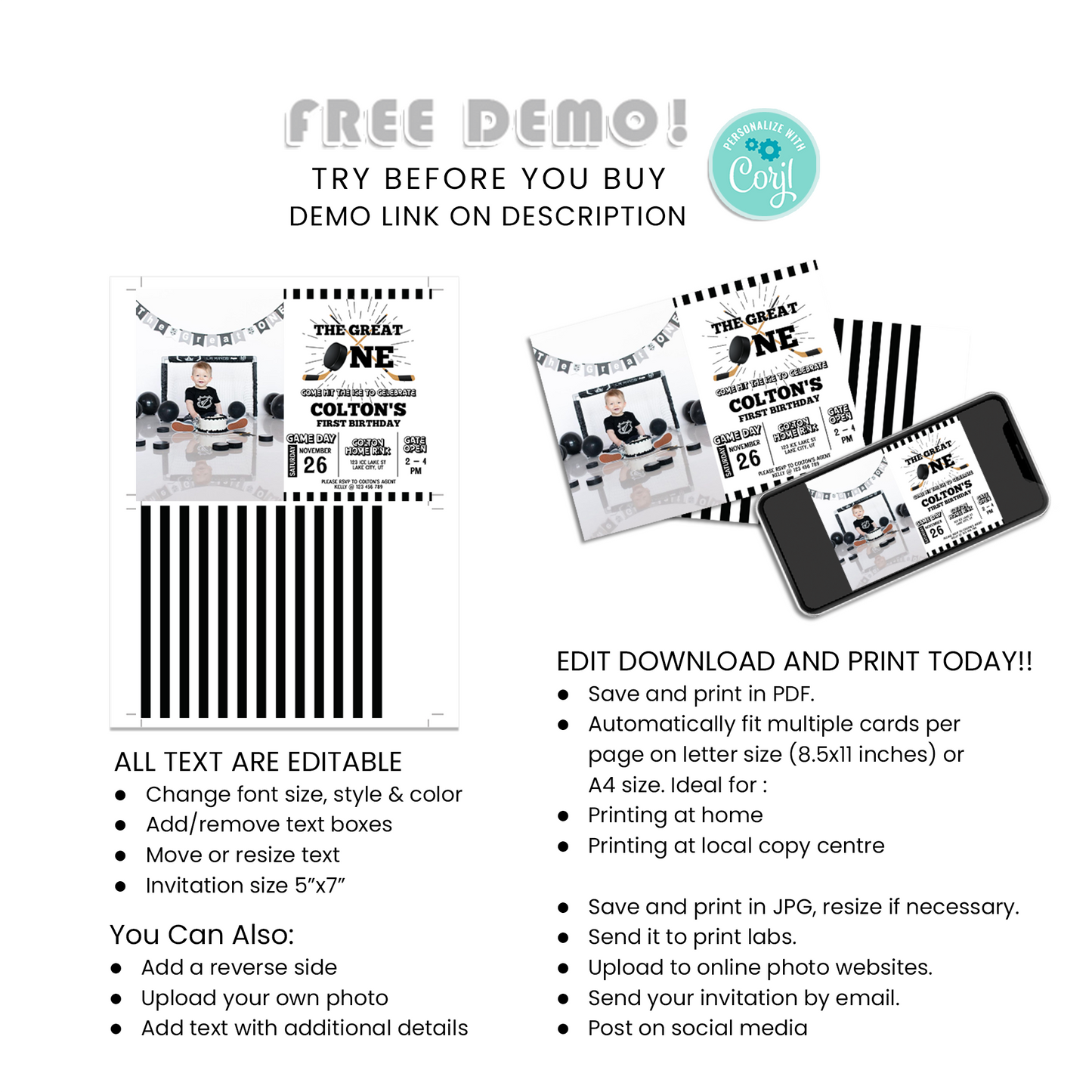 Personalized Hockey 1st Birthday Photo Card Invitations - Create Memorable Invitations with Your Child’s Photo