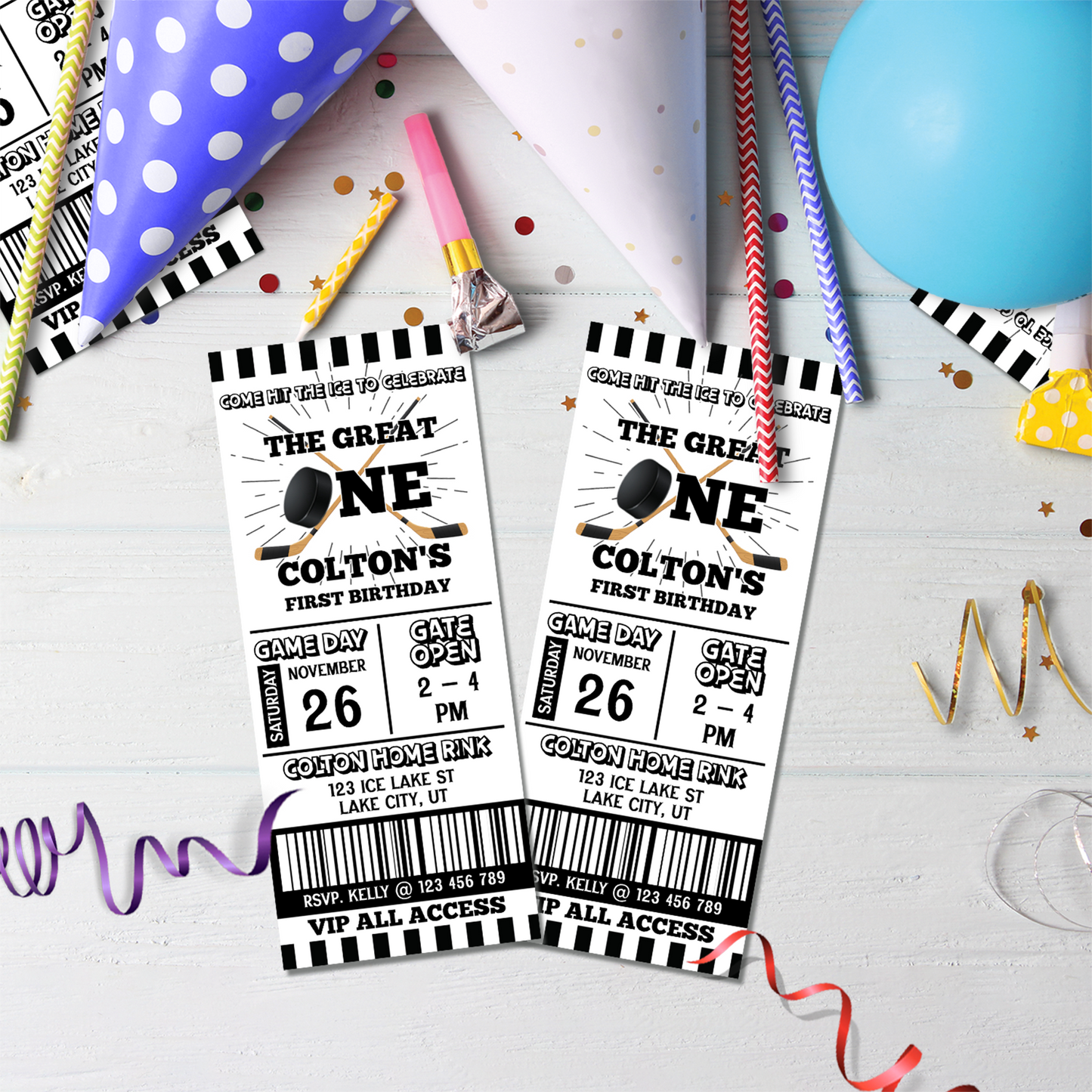 Personalized Hockey 1st Birthday Ticket Invitations for a unique birthday invitation