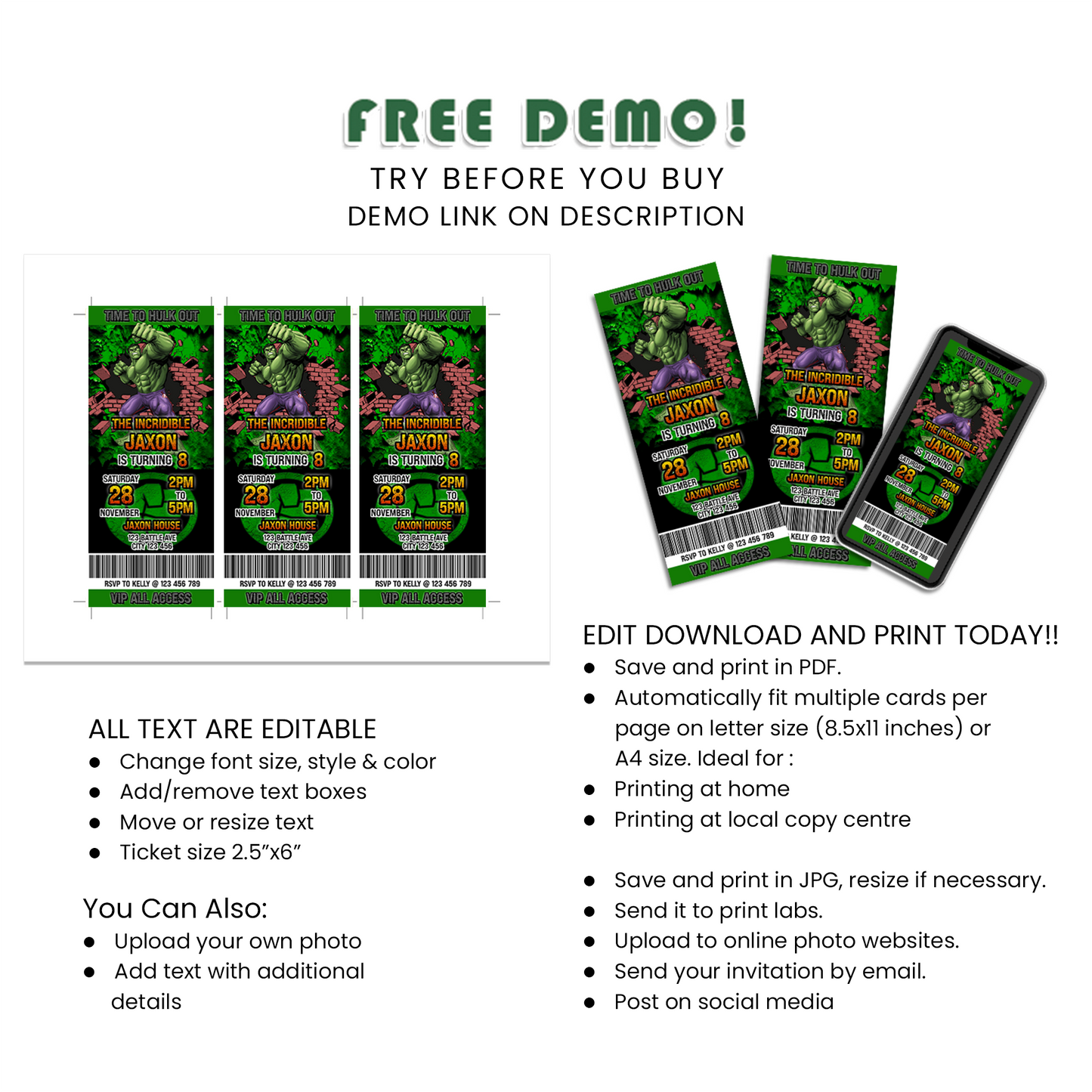 Personalized Incredible Hulk Birthday Ticket Invitations - Unique Invites for Your Party