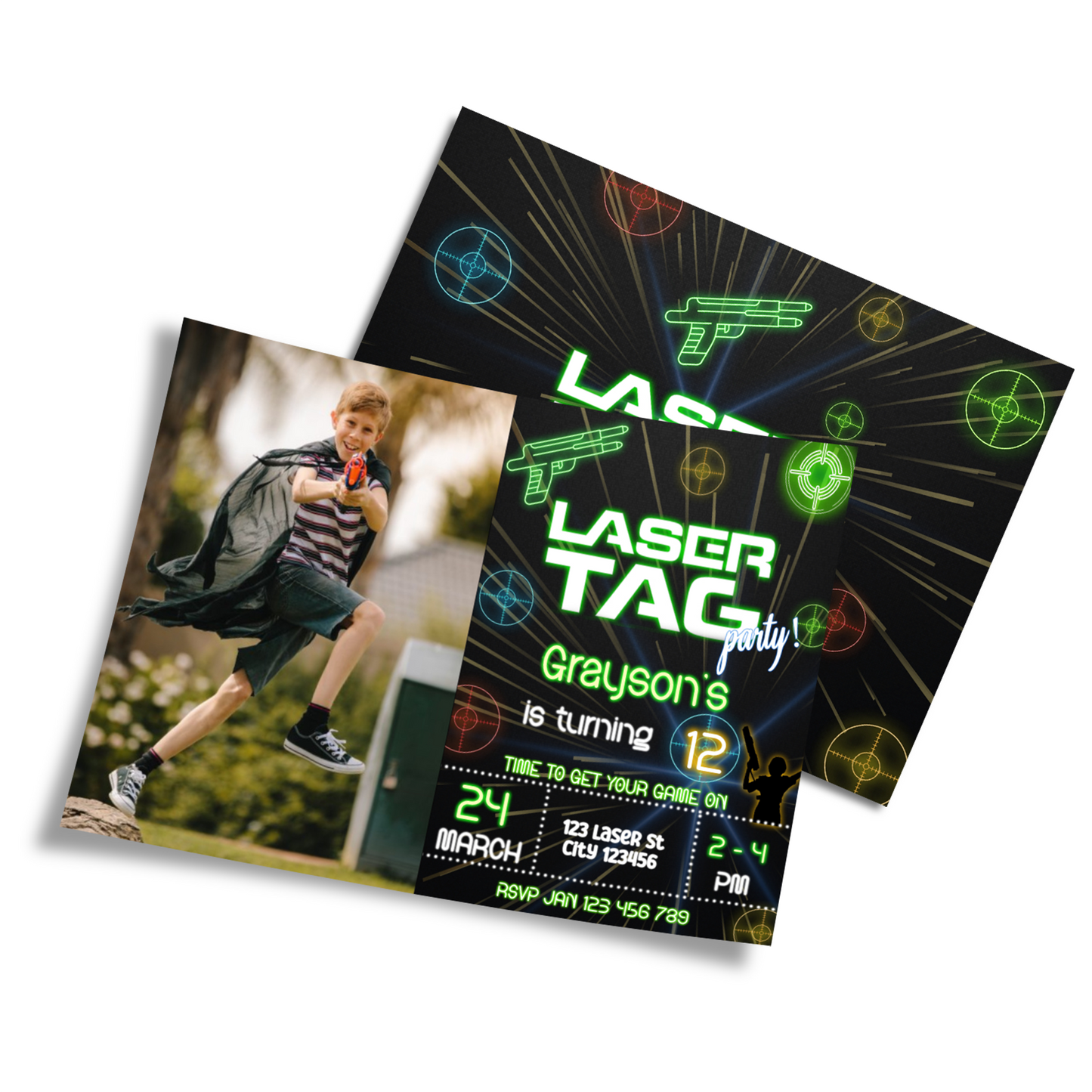 Personalized Photo Card Invitations for a Laser Tag themed party