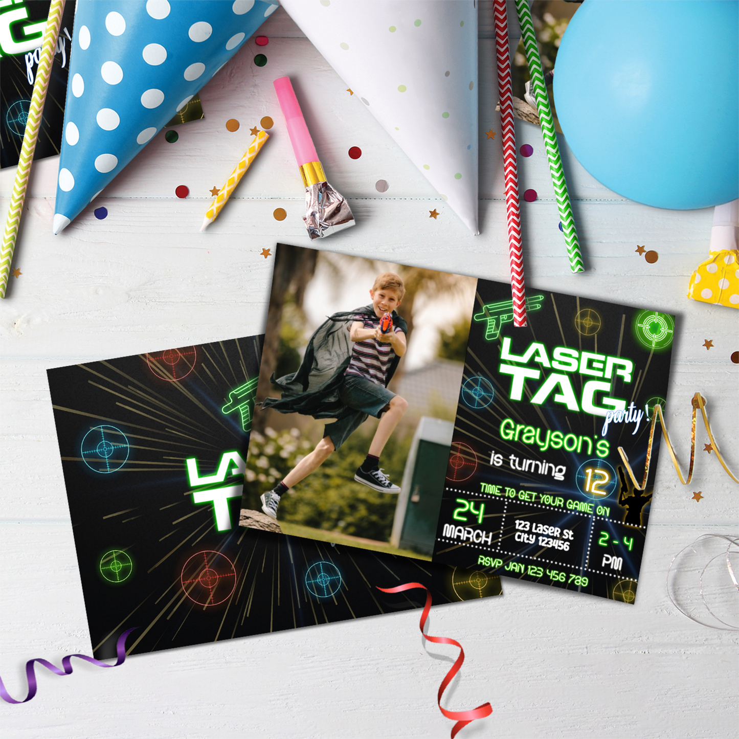 Personalized Photo Card Invitations for a Laser Tag themed party