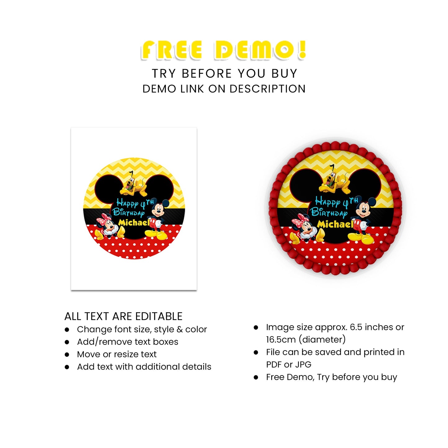Mickey & Minnie Mouse Birthday Decorations, Disney Party Supplies, Mickey Mouse Themed, Minnie Mouse Digital Template, Editable Mickey & Minnie Mouse Image SVG PNG