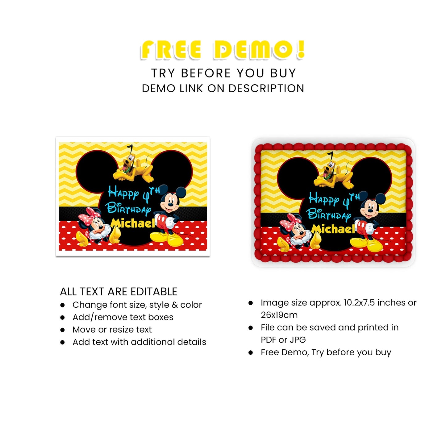 Mickey & Minnie Mouse Birthday Decorations, Disney Party Supplies, Mickey Mouse Themed, Minnie Mouse Digital Template, Editable Mickey & Minnie Mouse Image SVG PNG