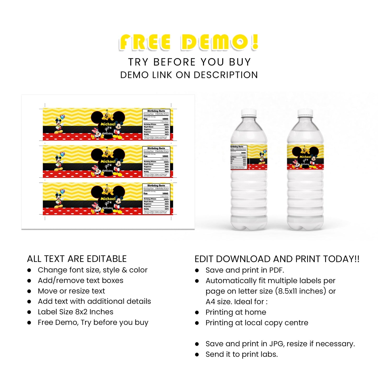 Water Bottle Label Featuring Classic Disney Icons, Mickey and Minnie Mouse Imagery and Design Elements!