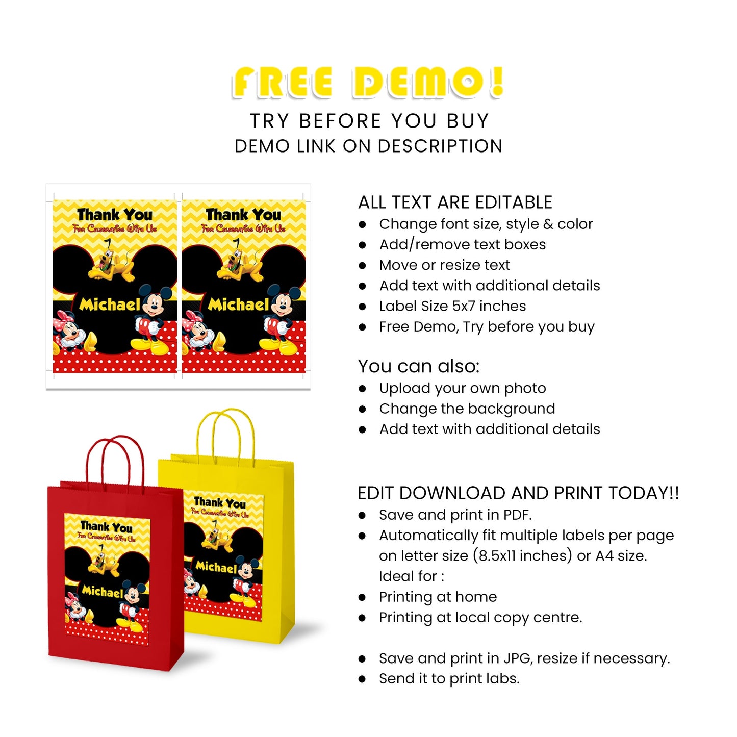 Gift Bag Label Adorned With The Timeless Charm of Disney’s Micky And Mini For That Magical Touch!