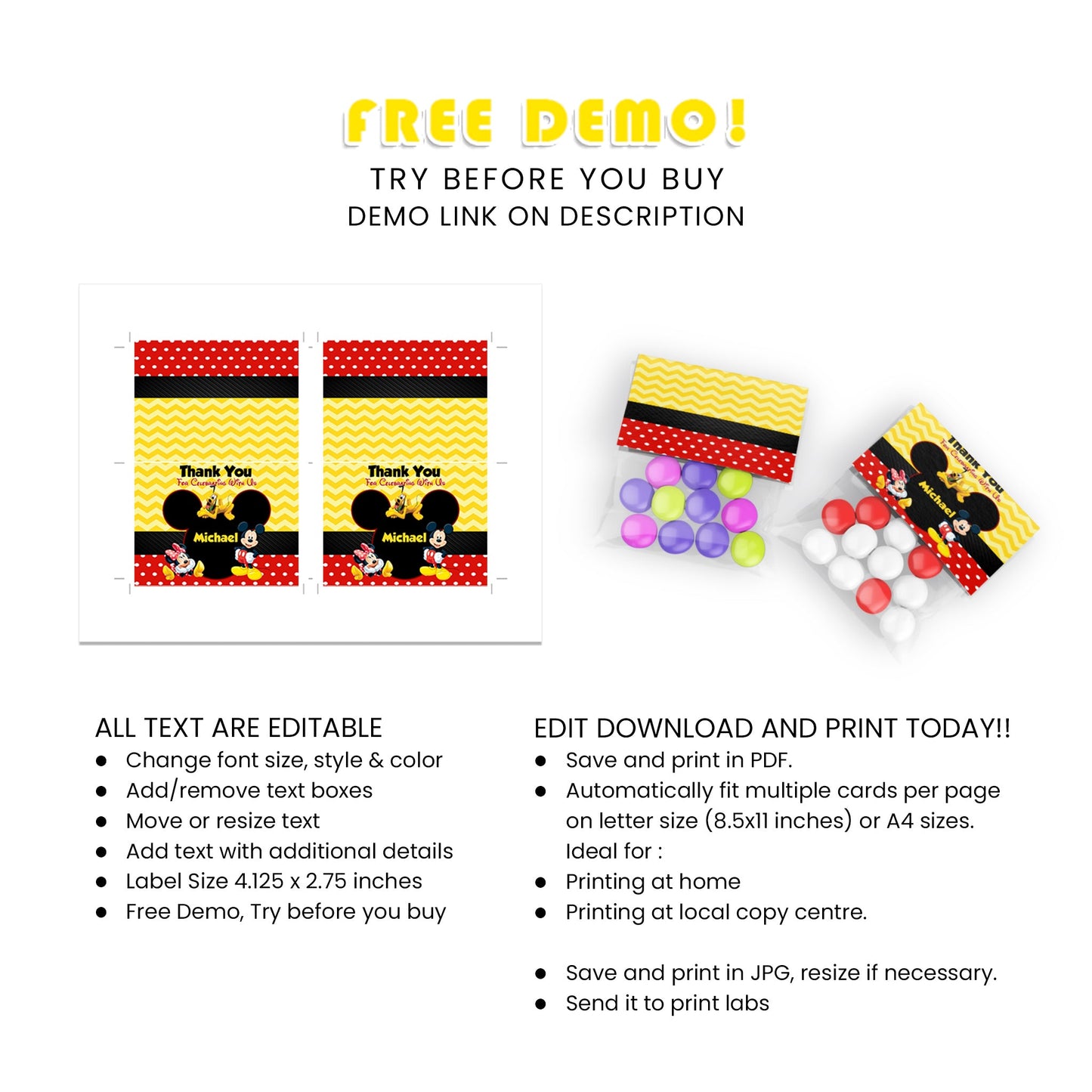 Treat Bag Label/Candy Bag label Embellished With The Enchanting Aura Of Micky And Mini!