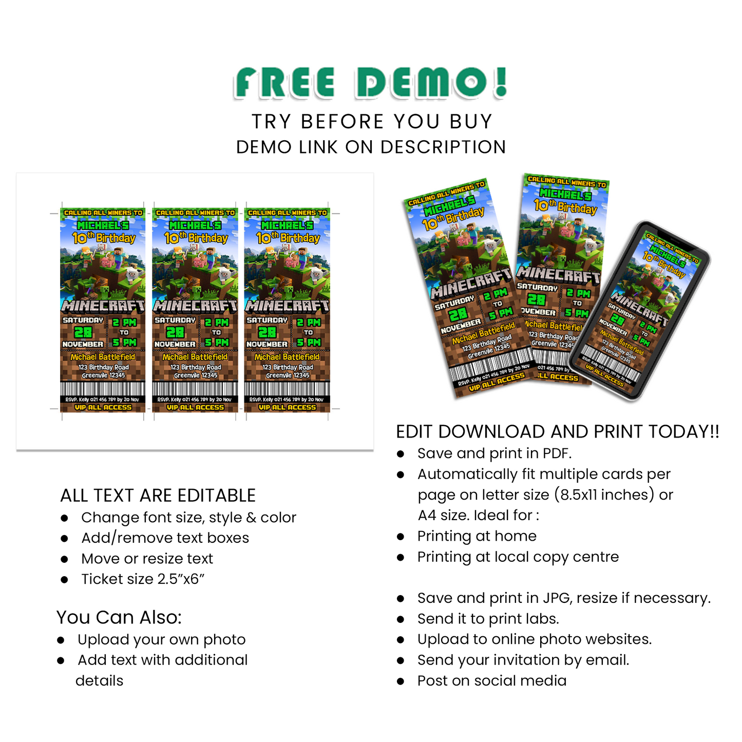 Minecraft Personalized Birthday Ticket Invitations : Your Ticket to a Gaming Adventure