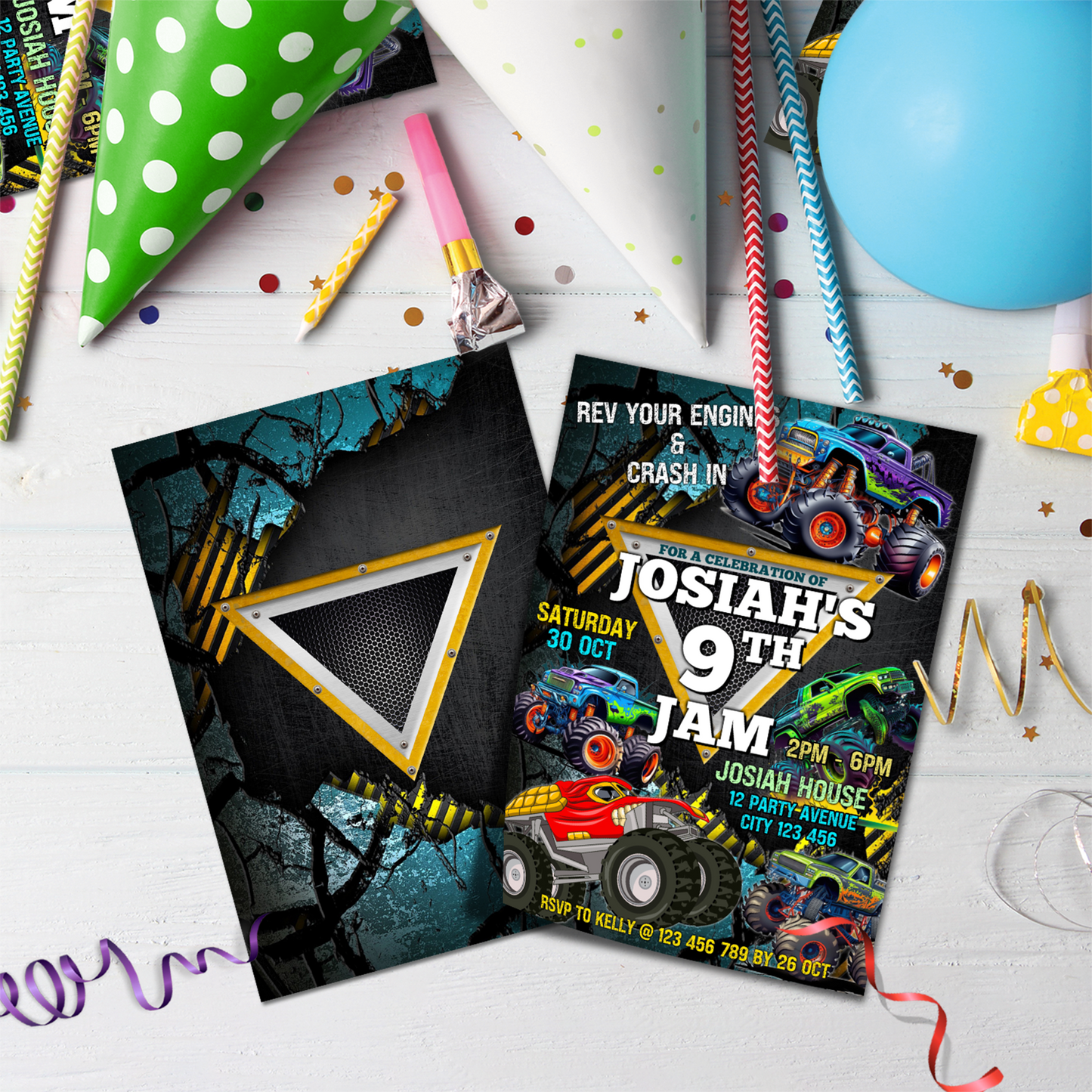 Monster Jam Birthday Decorations, Grave Digger Party Supplies, Monster Truck Themed, Hot wheels Truck Digital Template, Editable Monster Jam Image SVG PNG