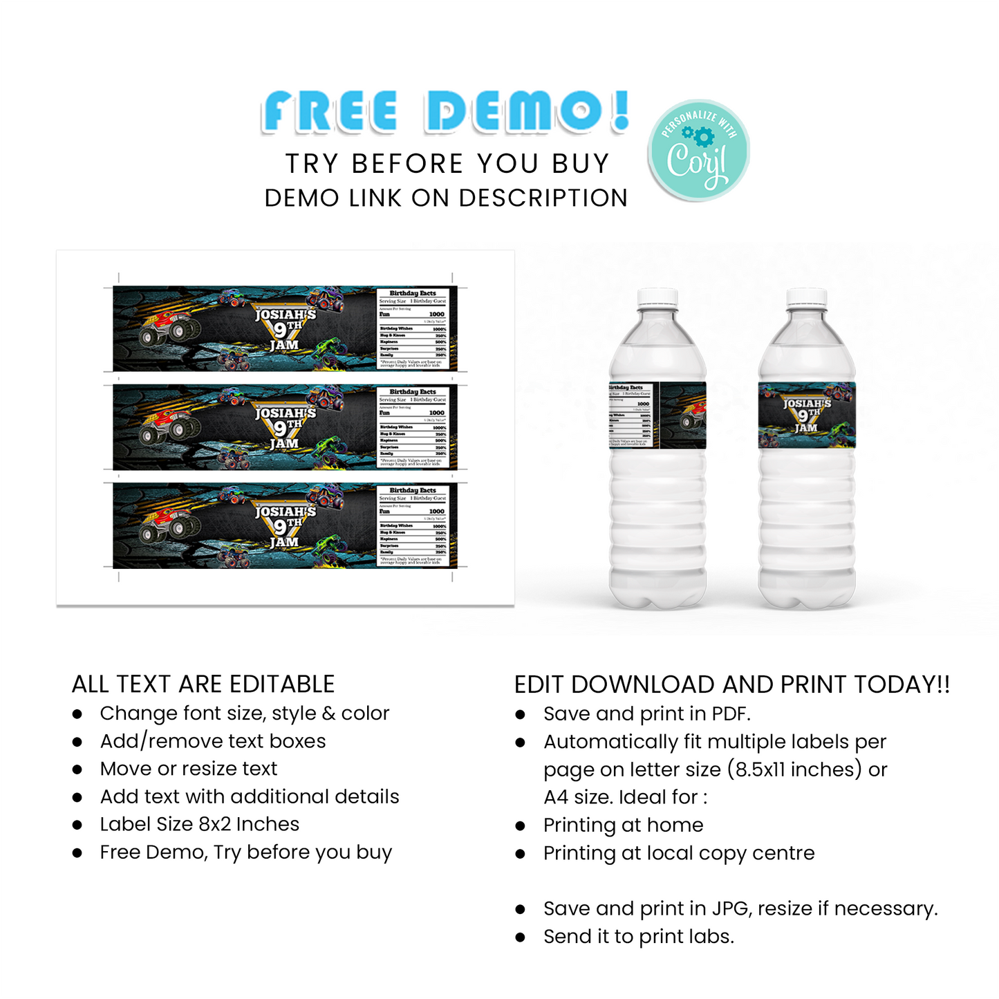 Quench Your Thirst in Style with Our Monster Jam Water Bottle Label