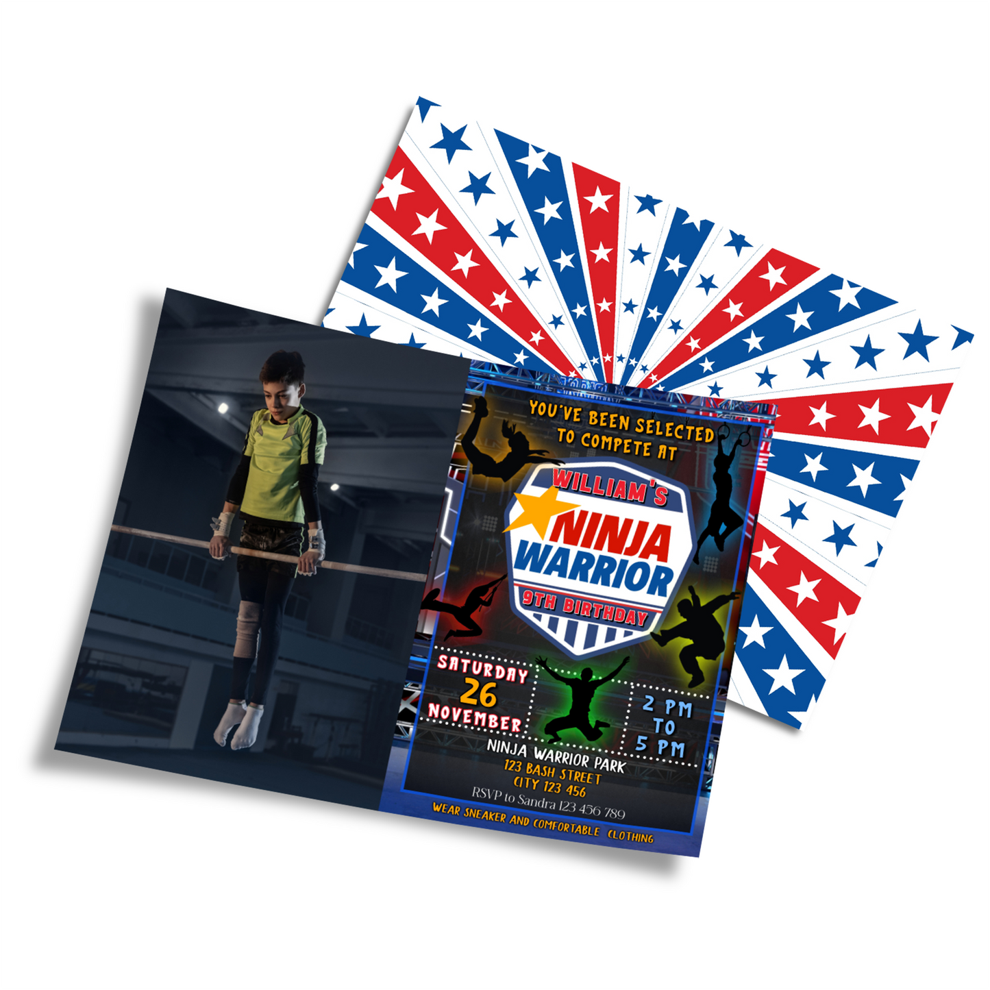 Ninja Warrior themed personalized photo card invitations