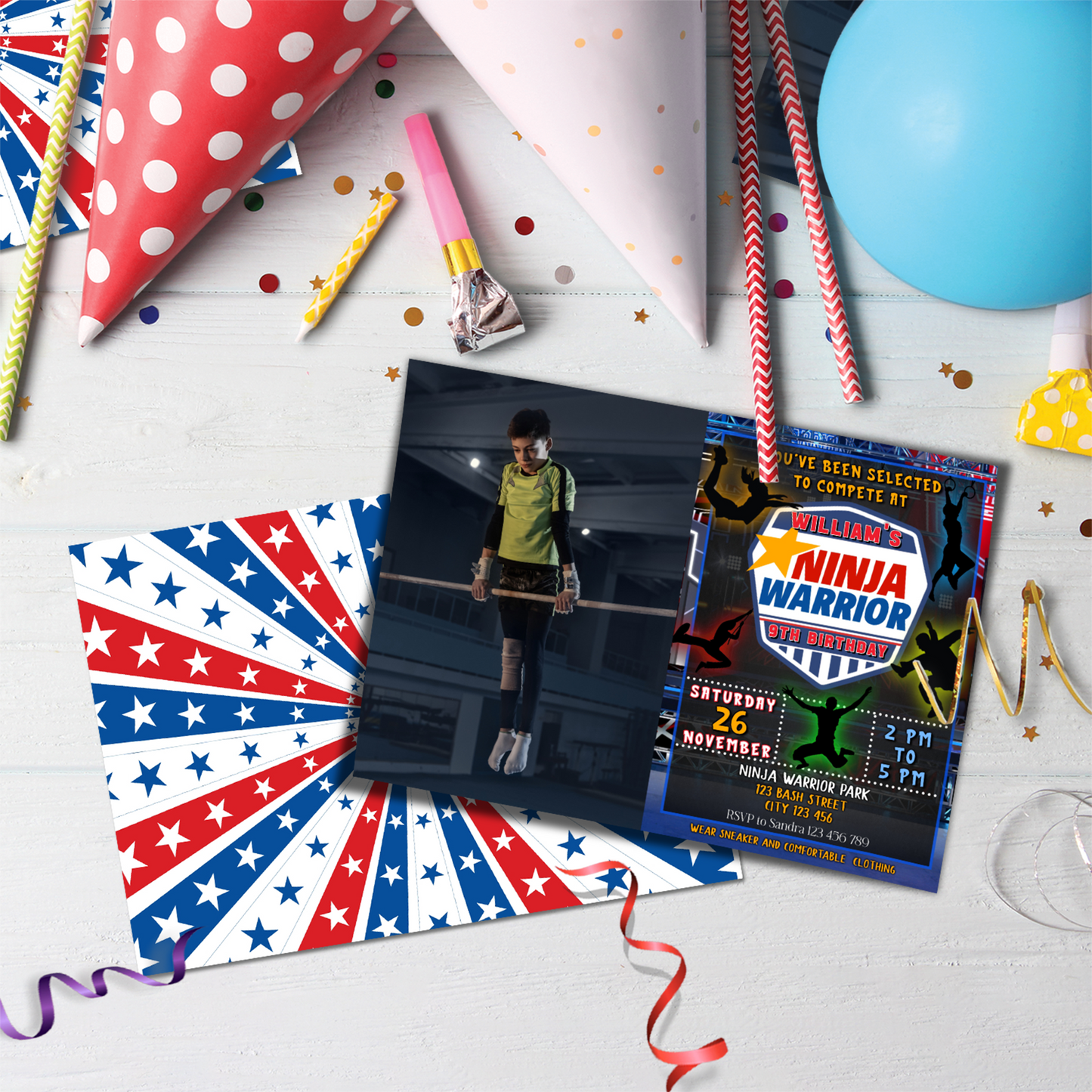 Ninja Warrior themed personalized photo card invitations