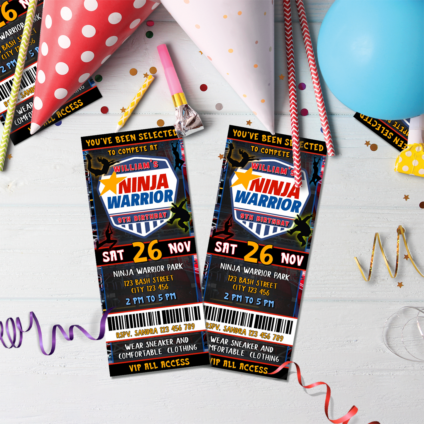 Ninja Warrior themed personalized birthday ticket invitations