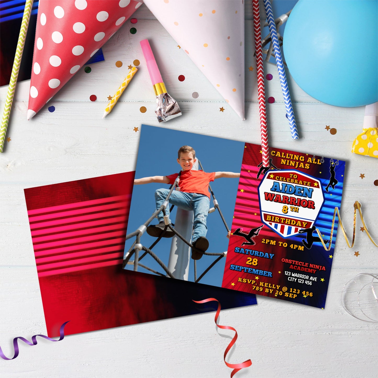 Action Ninja Birthday Decorations, ANW Party Supplies, Ninja Warrior Junior Themed, Obstacle Sport Digital Template, Editable Ninja Warrior Image SVG PNG