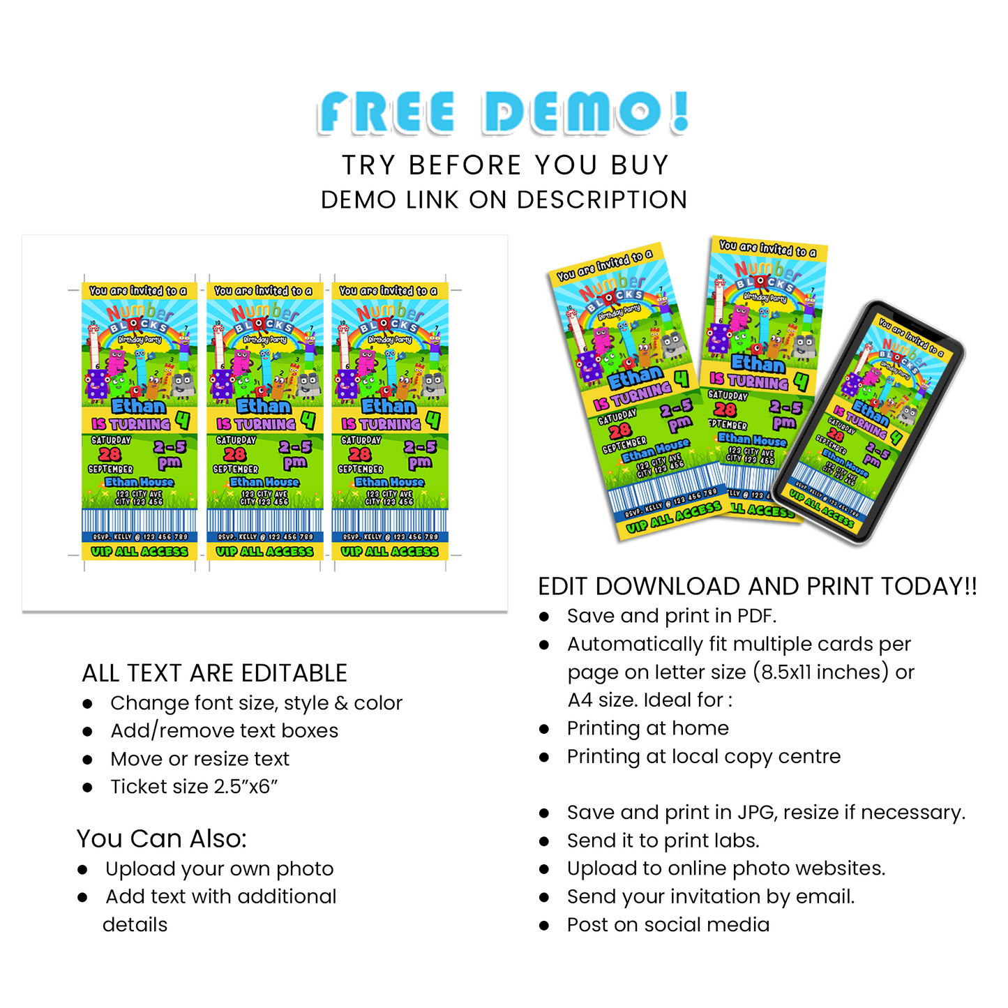 Birthday Ticket Invitations - NumberBlocks Theme Personalized for Your Event