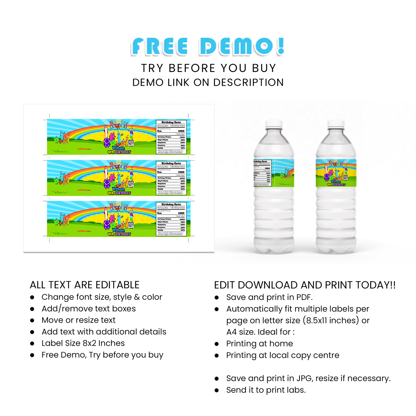 NumberBlocks Water Bottle Labels - Personalized for Your Child’s Event