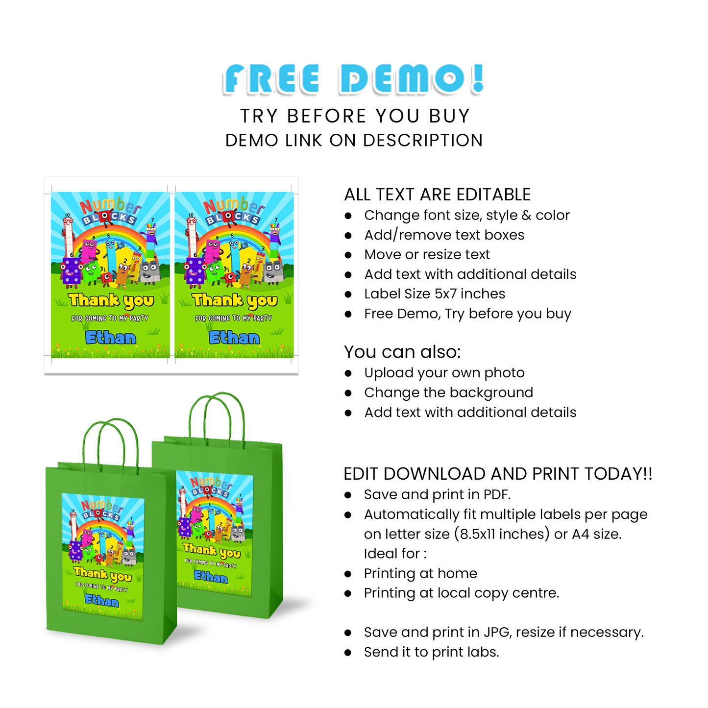 Gift Bag Labels - NumberBlocks Personalized for Your Child’s Event