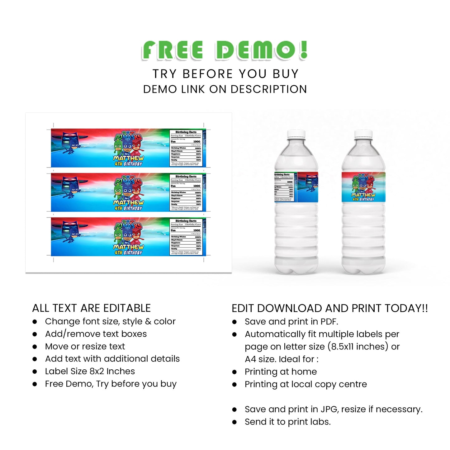 Keep Your Guests Hydrated with PJ Masks Water Bottle Label - A Fun and Practical Party Favor