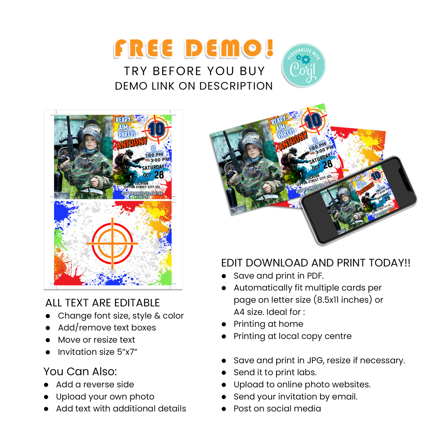 Personalized Photo Card Invitations for Paint Ball Games, Unique and Memorable