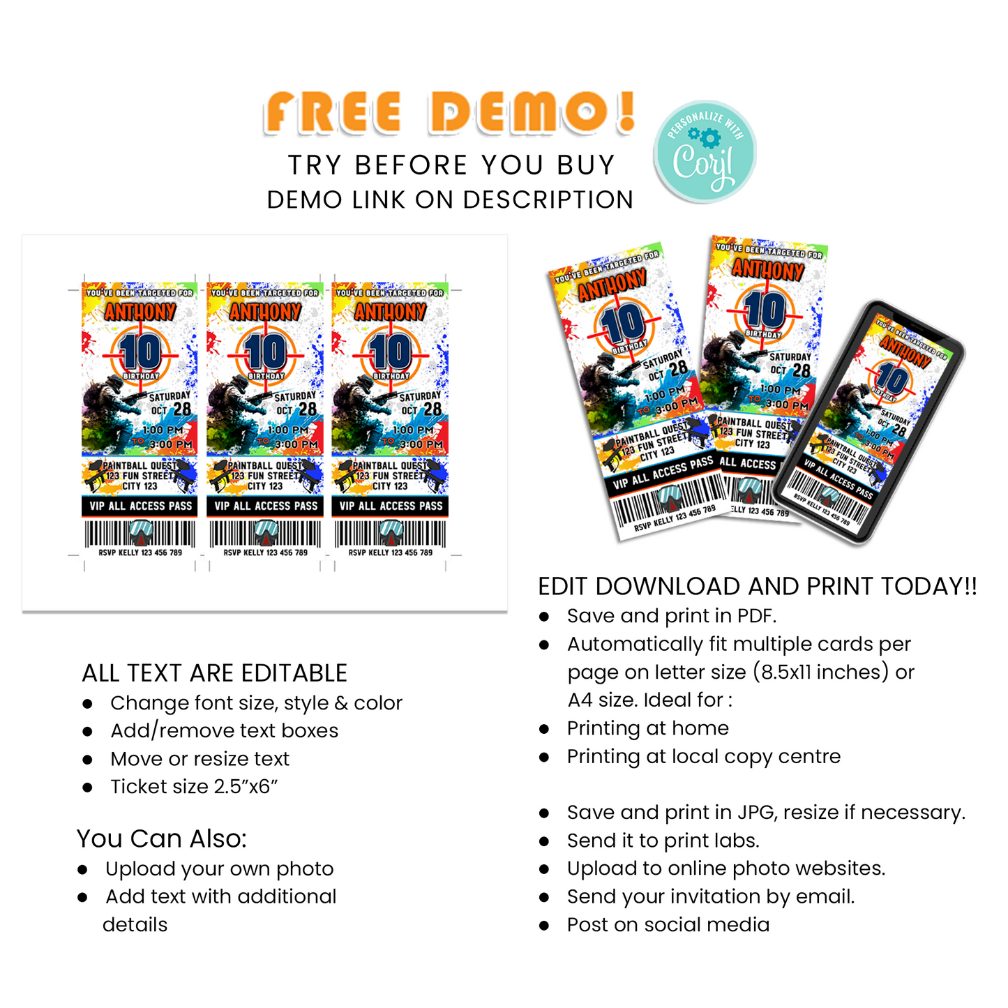 Personalized Birthday Ticket Invitations for Paint Ball Games, A Fun Twist on Traditional Invites