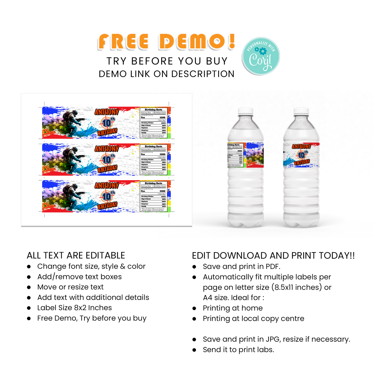 Water Bottle Label for Paint Ball Games, Keep Your Guests Hydrated in Style