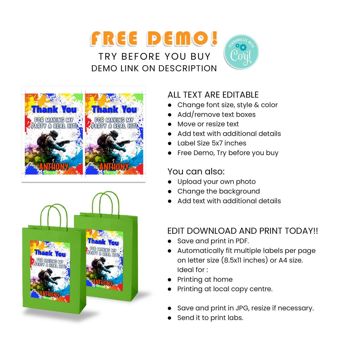 Gift Bag Label for Paint Ball Games, Make Your Gifts Stand Out