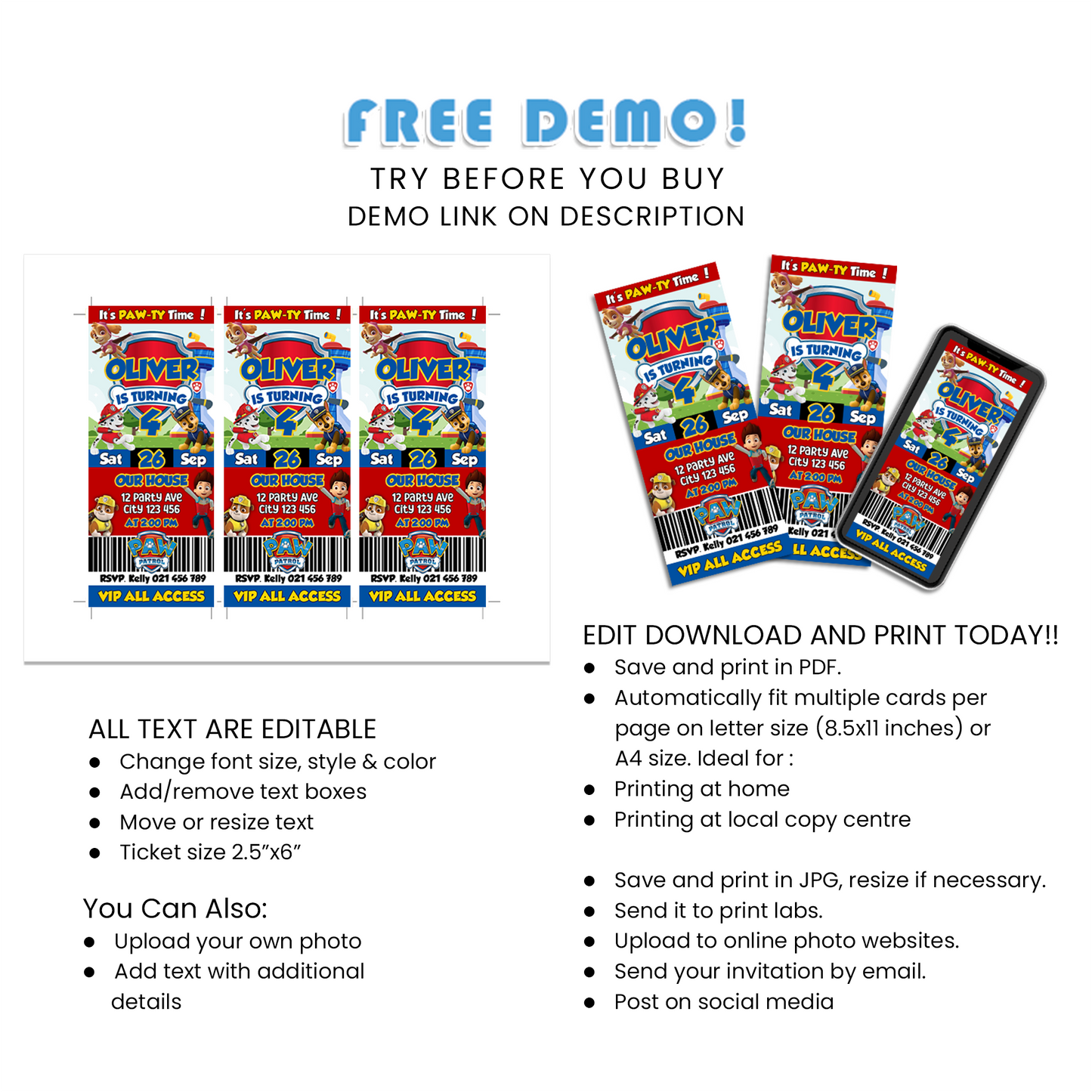 Paw Patrol Personalized Birthday Ticket Invitations : Unique Invites for a Special Day