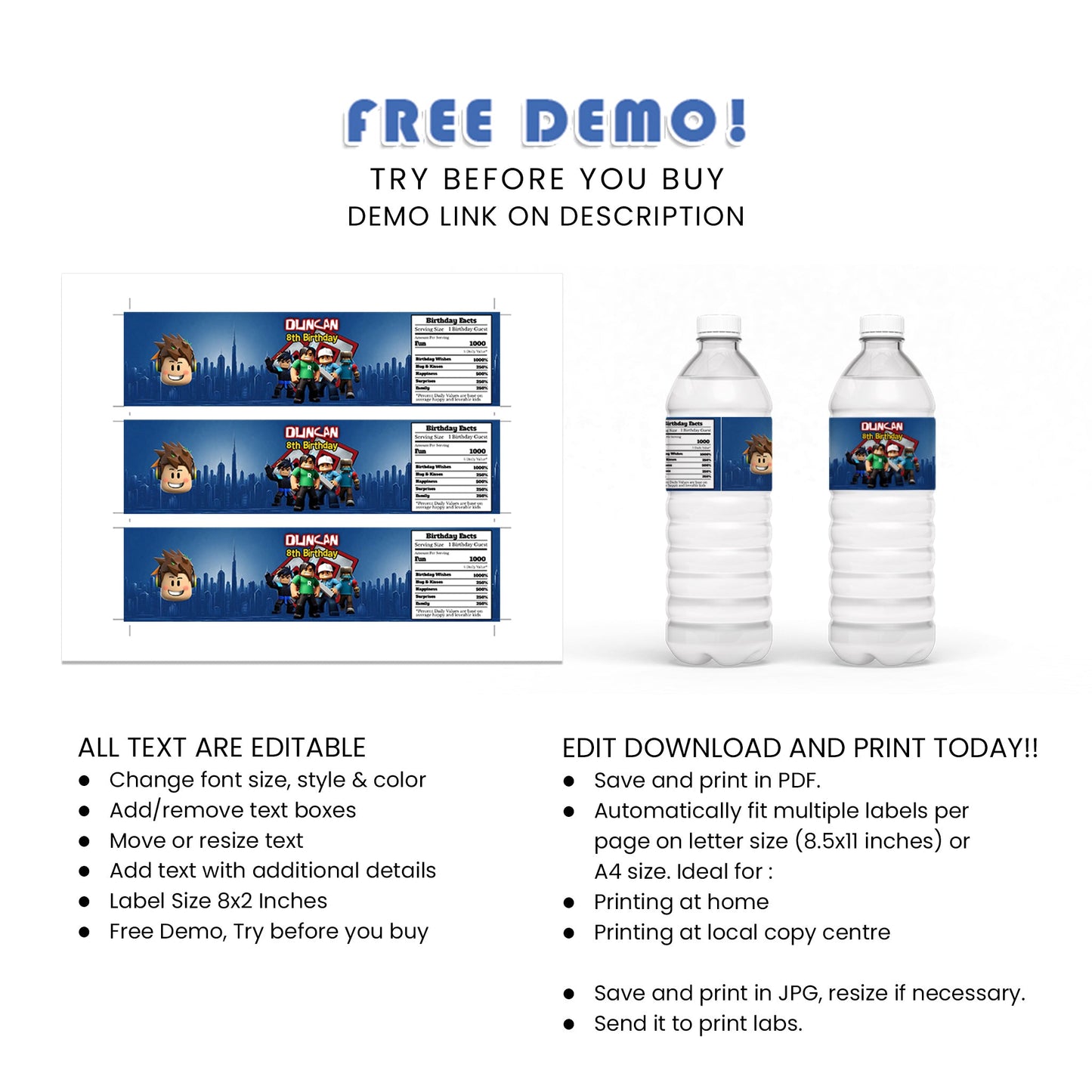 Keep Your Guests Hydrated with Our Roblox Themed Water Bottle Labels