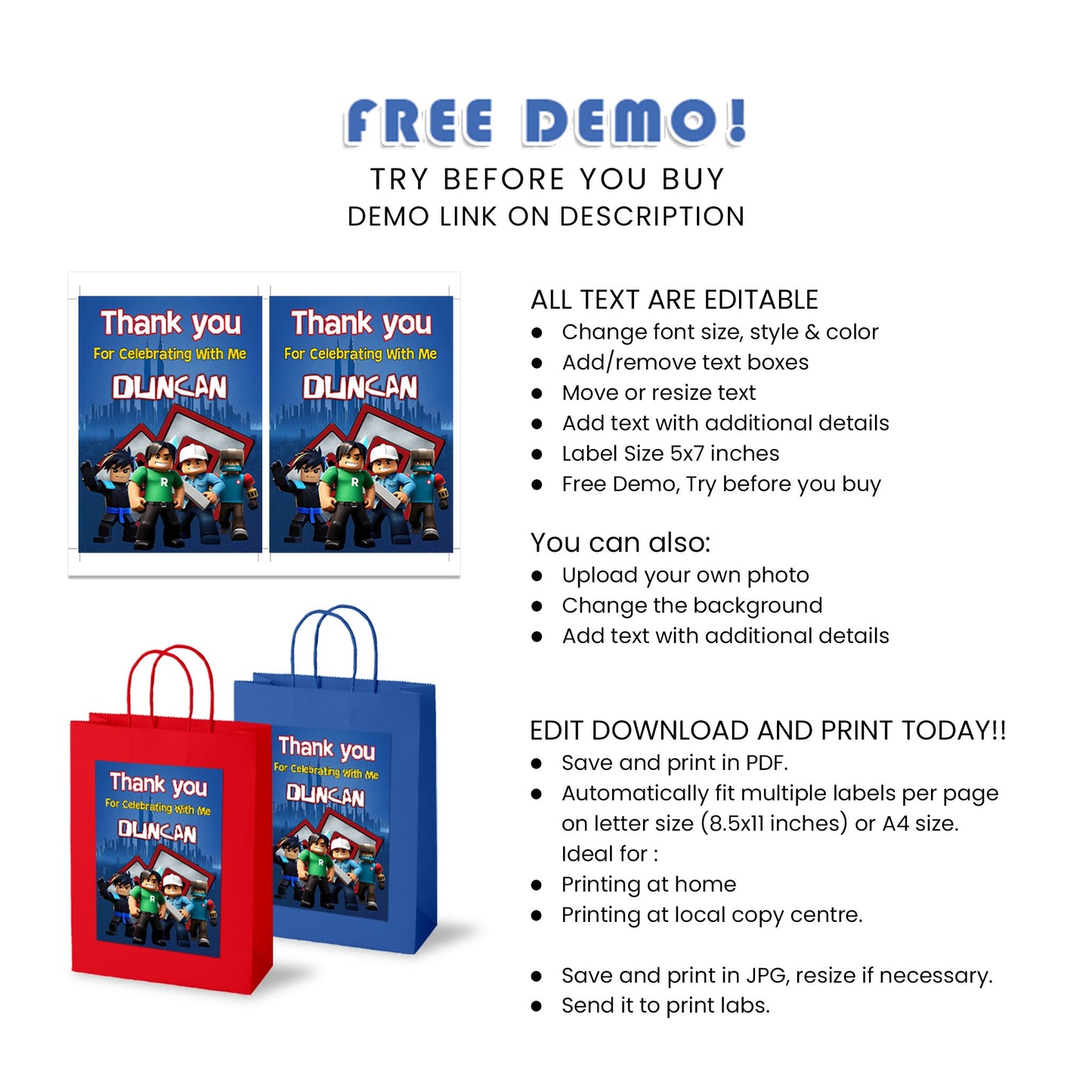 Send Your Guests Home Happy with Our Roblox Themed Goody Bag Labels