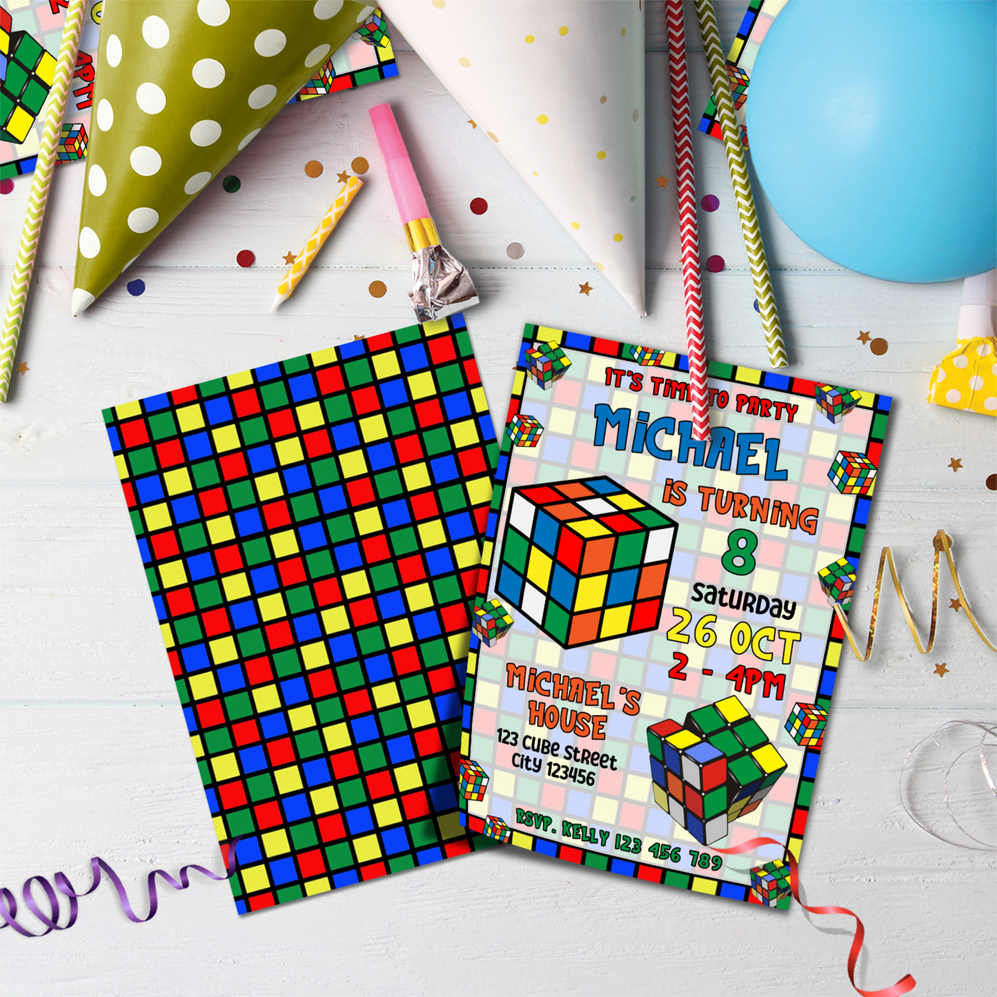 Rubiks Birthday Decorations, Rubik Cube Party Supplies, Cube Games Themed, Rubik Digital Template, Editable Rubik's Image SVG PNG