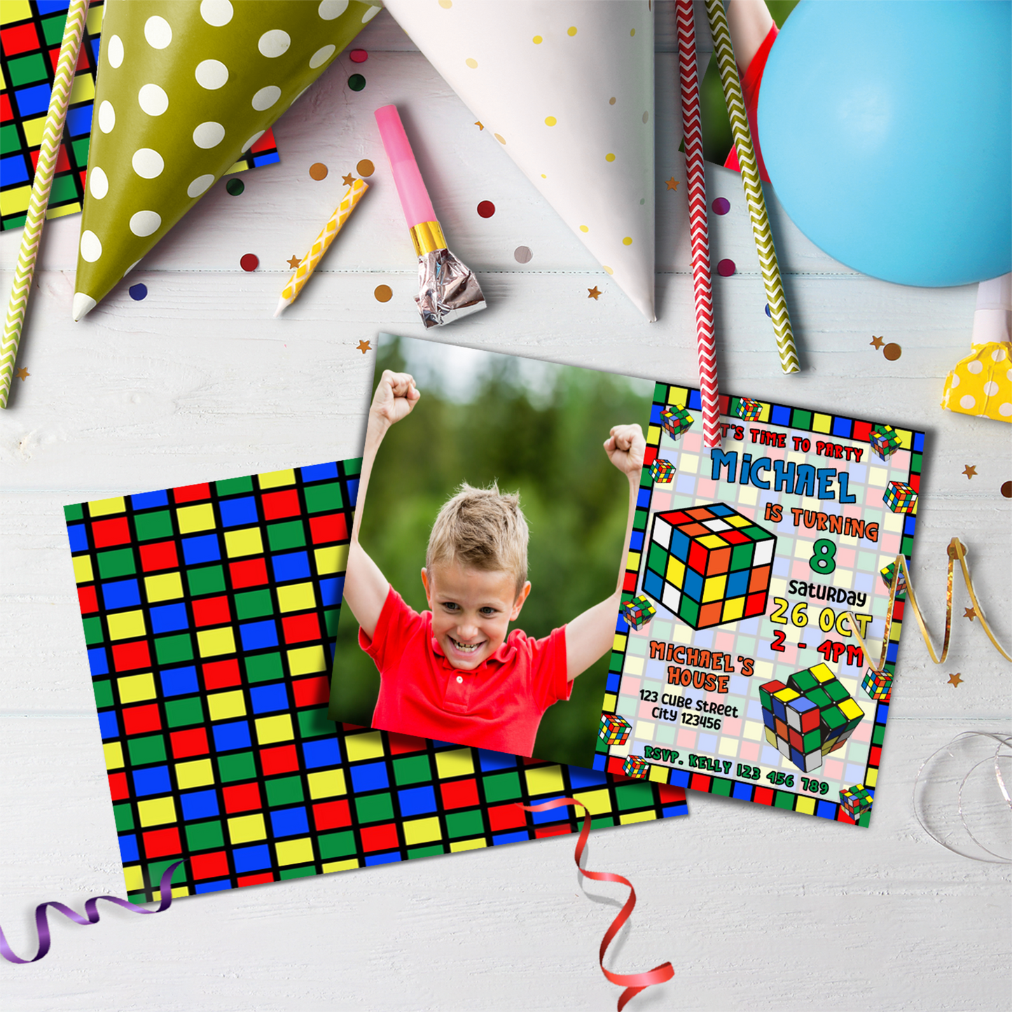 Rubiks Birthday Decorations, Rubik Cube Party Supplies, Cube Games Themed, Rubik Digital Template, Editable Rubik's Image SVG PNG