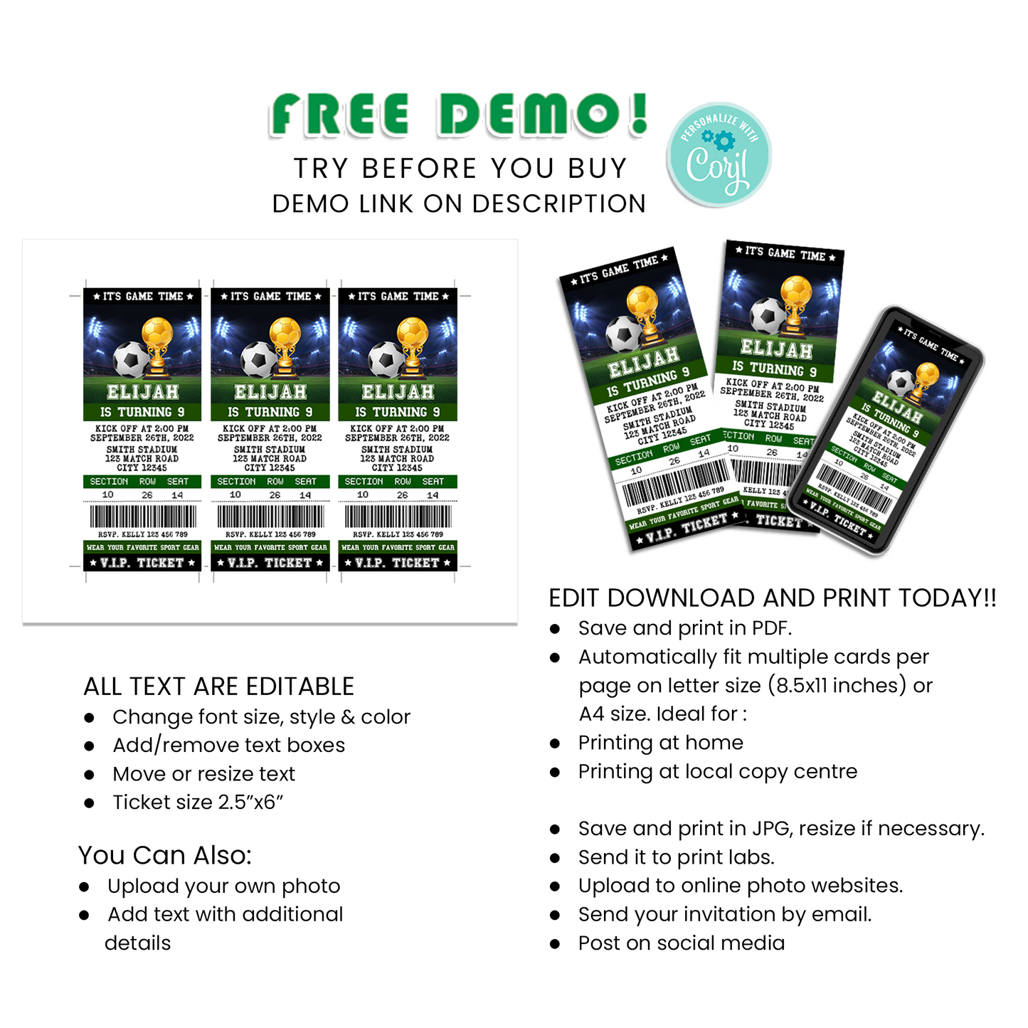 Score a Goal with Your Guests with Our Soccer Personalized Birthday Ticket Invitations - Your Golden Ticket to a Fun-Filled Soccer Party!