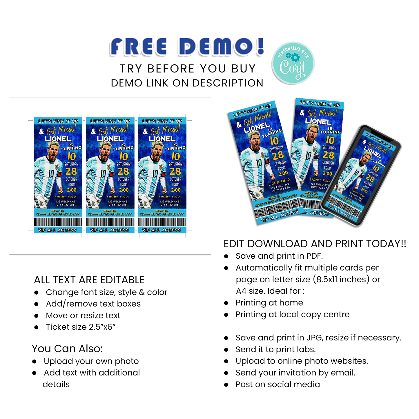 Lionel Messi Personalized Birthday Ticket Invitations - Make Your Event Unforgettable