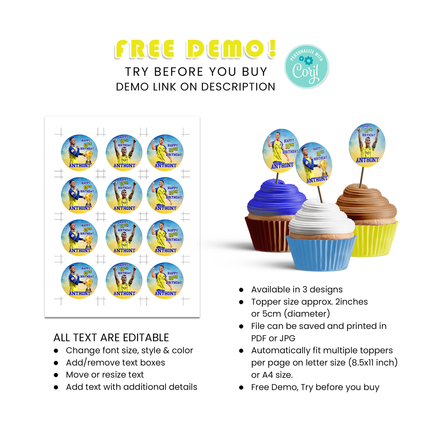 Personalized cupcakes toppers with Cristiano Ronaldo design