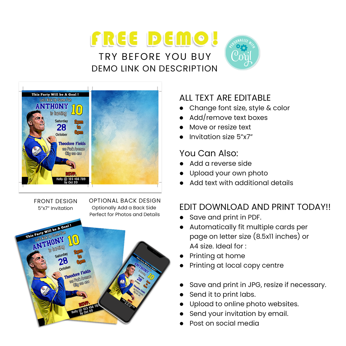 Cristiano Ronaldo Personalized Birthday Card Invitations - Kickstart Your Celebrations in Style