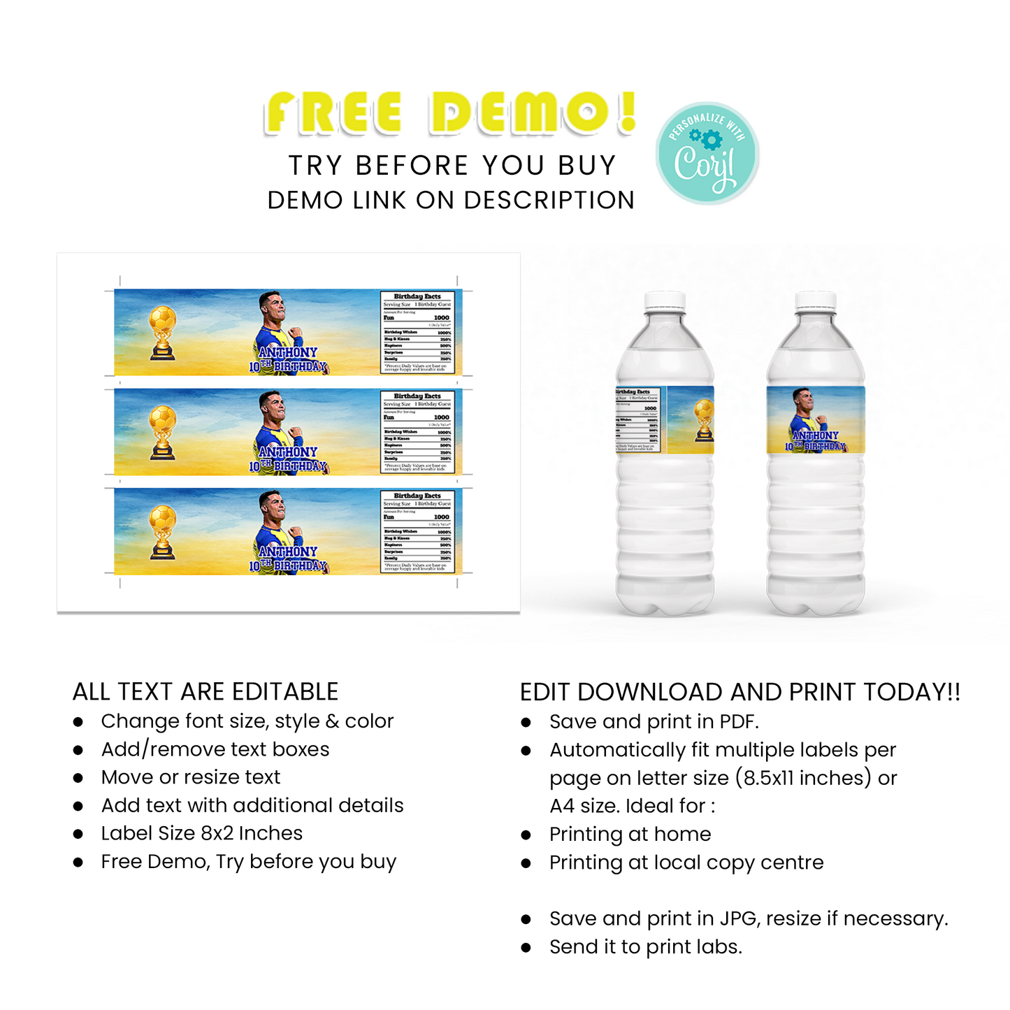 Cristiano Ronaldo Water Bottle Label - Keep Your Guests Hydrated in Style