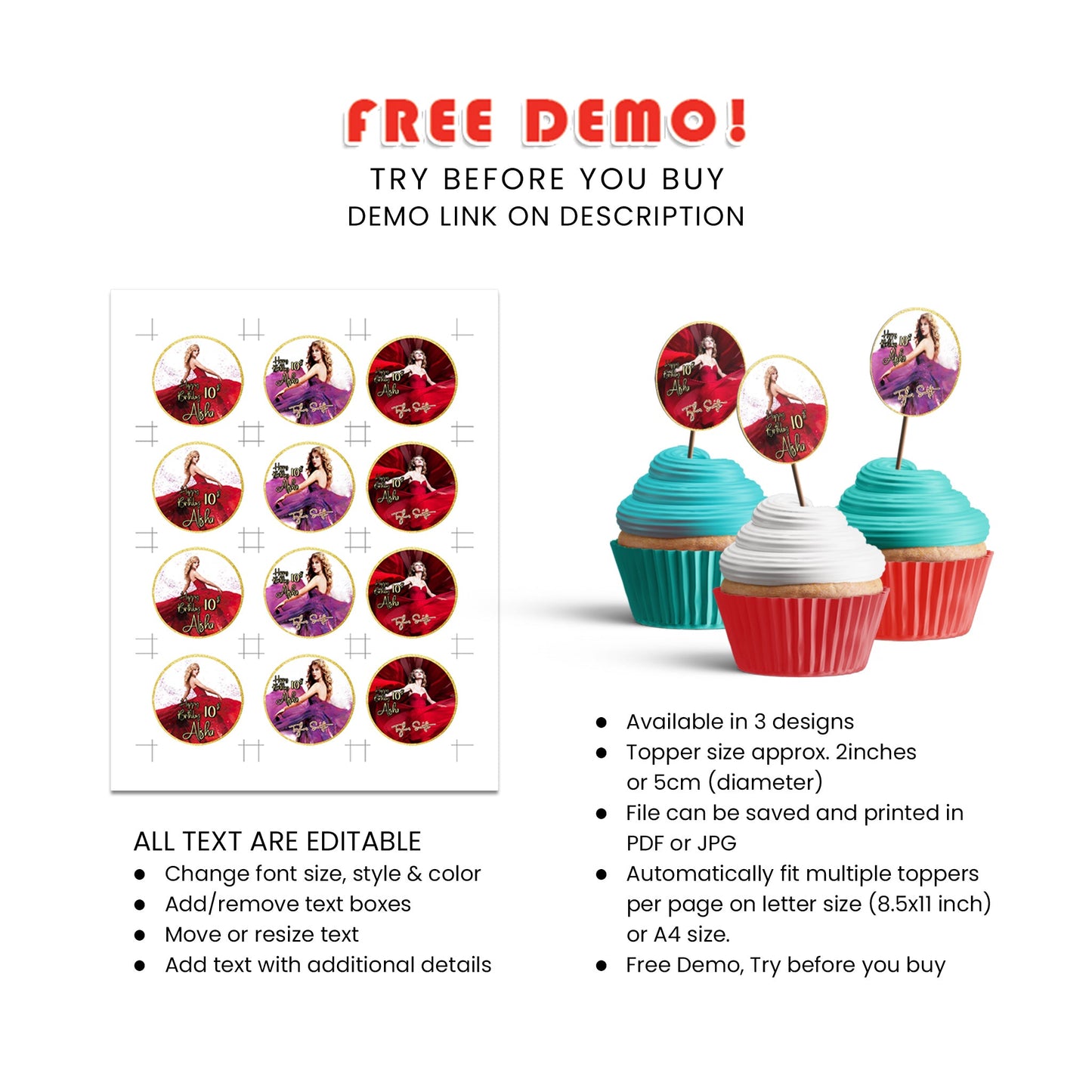 Taylor Swift Personalized Cupcakes Toppers - A Sweet Addition to Your Party