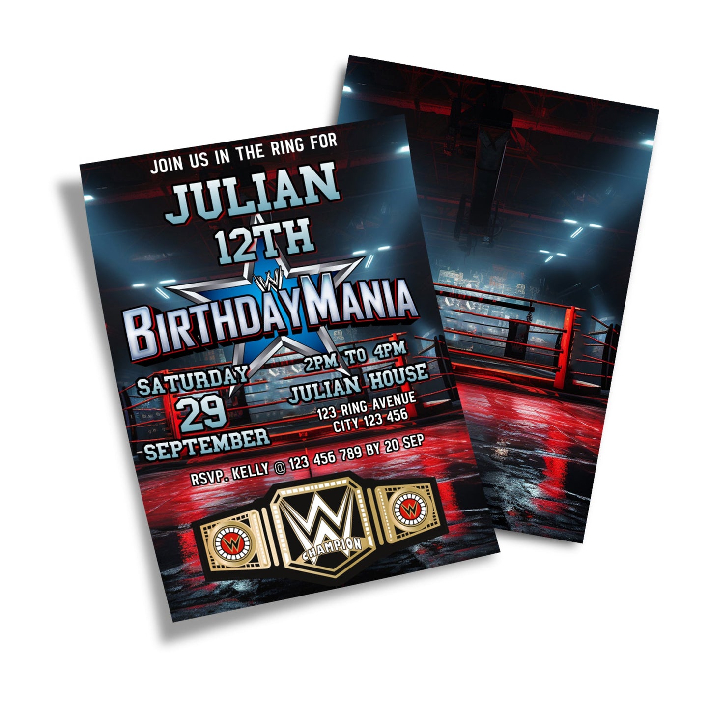 WWE Birthday Mania themed personalized birthday card invitations