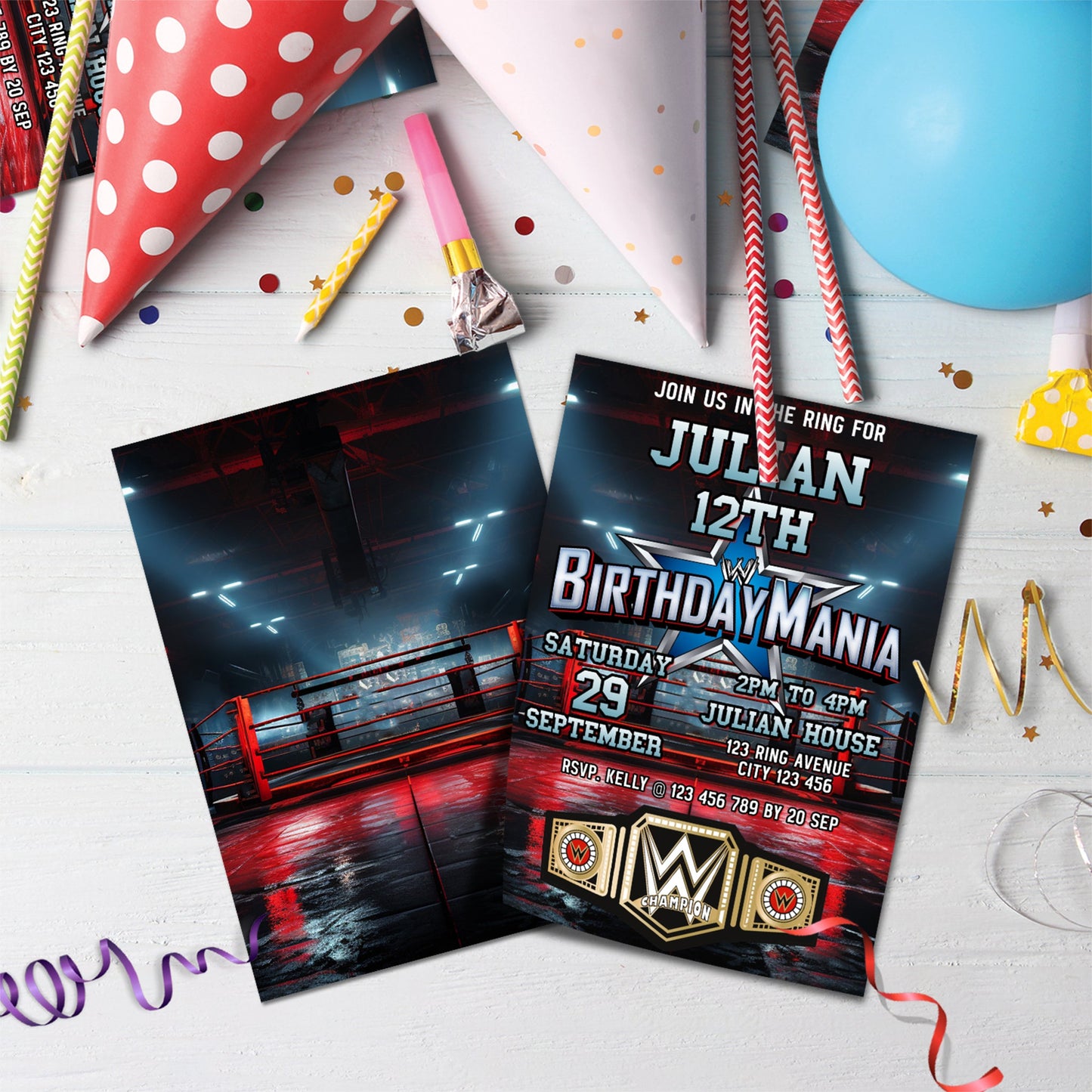 WWE WrestleMania Birthday Decorations, WWE Party Supplies, Birthday Mania Themed, Pro Wrestling Digital Template, Editable WWE WrestleMania Image SVG PNG