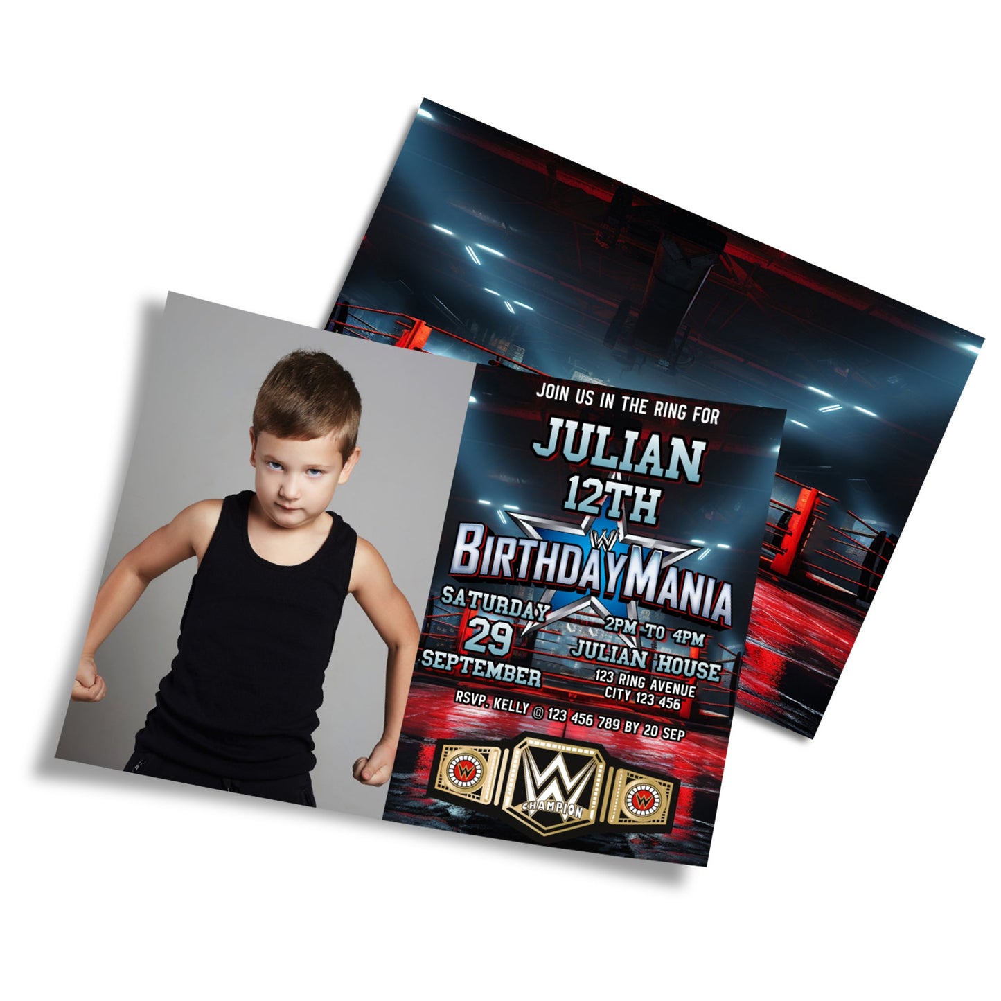 WWE Birthday Mania themed personalized photo card invitations