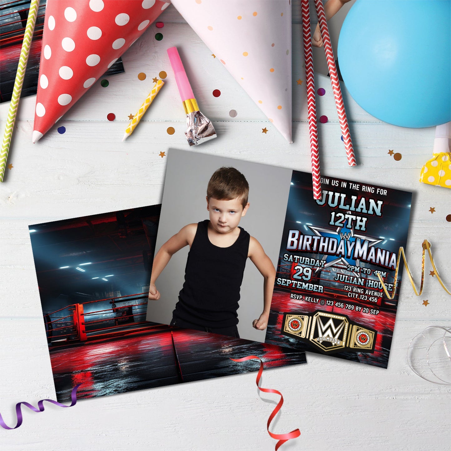 WWE WrestleMania Birthday Decorations, WWE Party Supplies, Birthday Mania Themed, Pro Wrestling Digital Template, Editable WWE WrestleMania Image SVG PNG