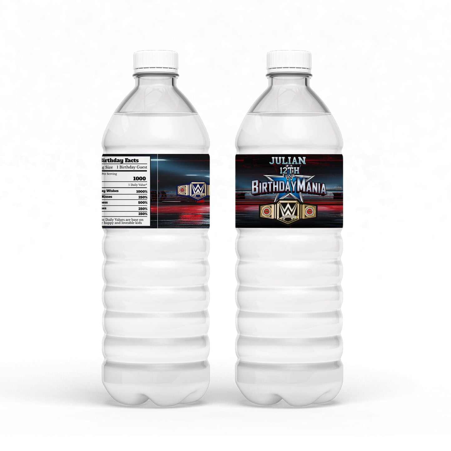 WWE Birthday Mania themed water bottle label