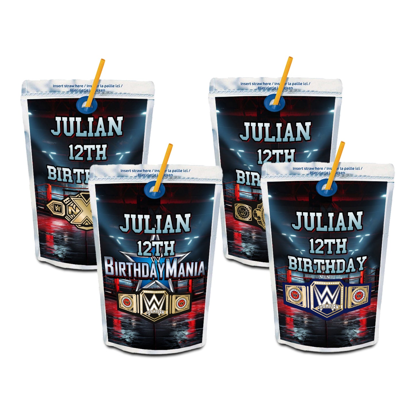 WWE Birthday Mania themed juice pouch label