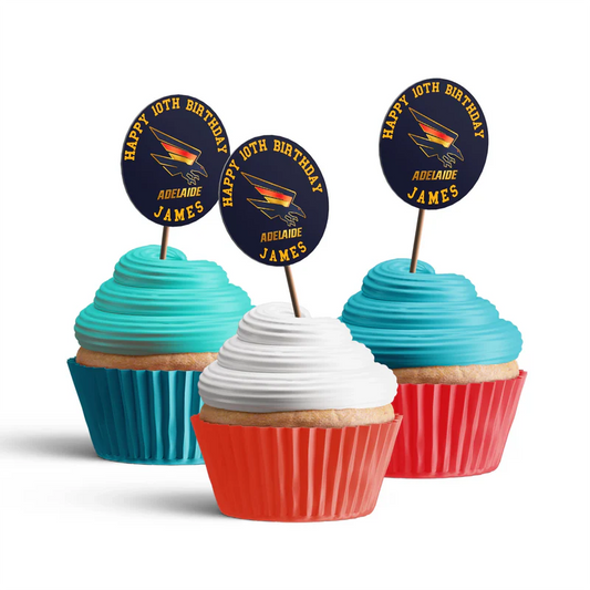 Adelaide Crows edible cupcake toppers with round Adelaide Crows logos placed on frosted cupcakes