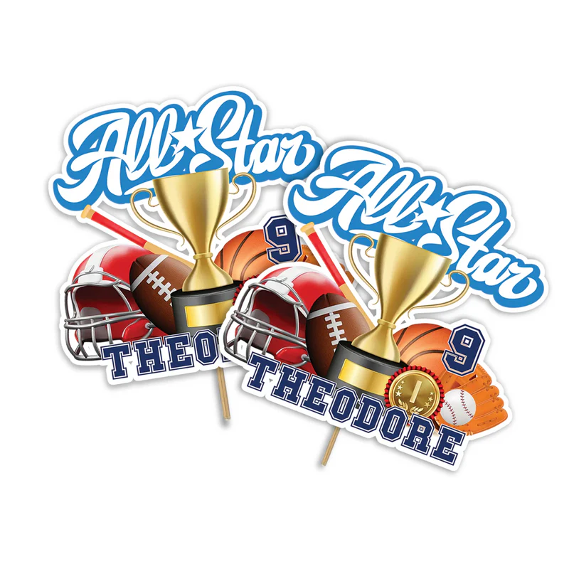 All Star Sports personalized cake toppers with custom name and age cutout in bright red and blue on a white background.