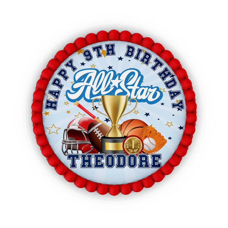 All Star Sports personalized edible icing cake images showcasing a round football, basketball, and baseball design layout.