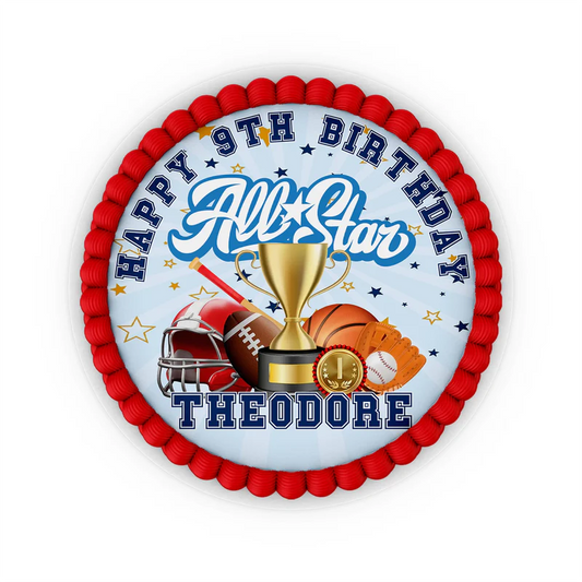 All Star Sports personalized edible icing cake images showcasing a round football, basketball, and baseball design layout.