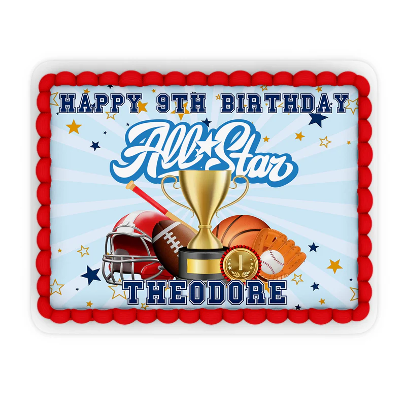All Star Sports personalized edible sheet cake images displaying a rectangular field pattern with custom name text overlay.